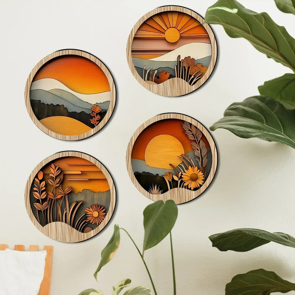 4Pcs Bohemian Wall Art Decor Sunset Wood Frame Round Layered Relief Hanging Decoration for Living Room Bedroom - SCM528 - 4