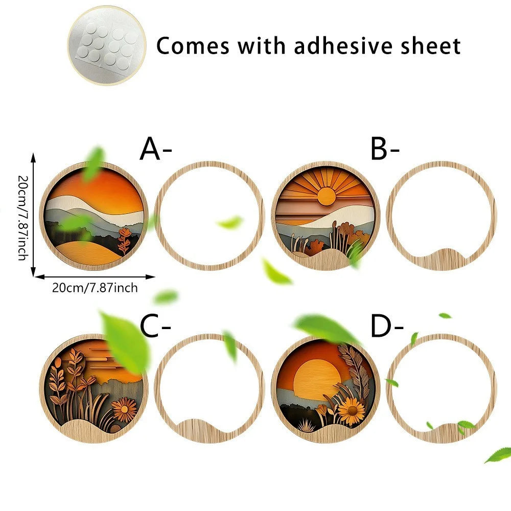 4Pcs Bohemian Wall Art Decor Sunset Wood Frame Round Layered Relief Hanging Decoration for Living Room Bedroom - SCM528 - 5