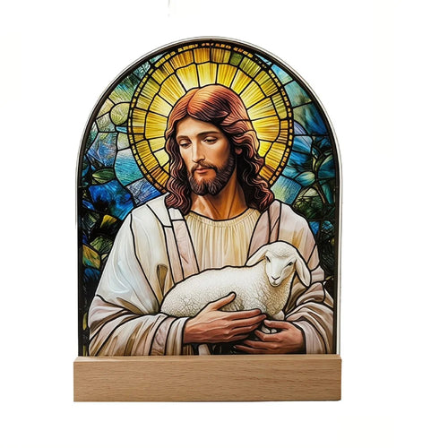Vintage Church Stained Glass Style Acrylic Desktop Decoration 2D HD Printing Display Ornament with Wooden Base Home Decor - SCB1939 - 1