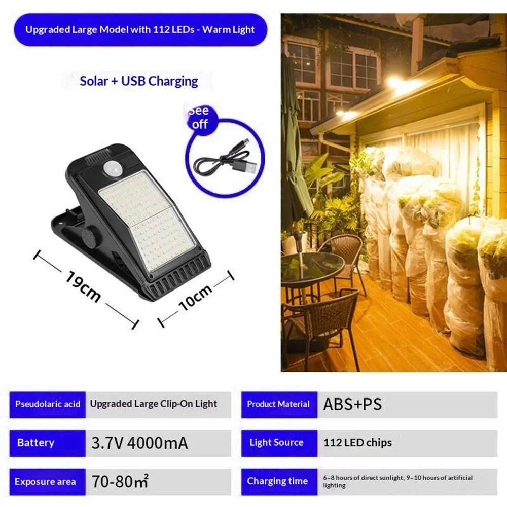 112-LED Solar Clip Light 3000mAh Motion Sensor IP65 Waterproof Clamp Wall Lamp for Outdoor Patio Garden Fence - 3