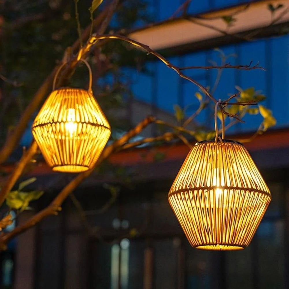 Solar Powered Wicker Lantern-Shaped Diamond Pattern Hanging Outdoor Garden Light Handcrafted Tungsten Bulb Camping Lamp - 2