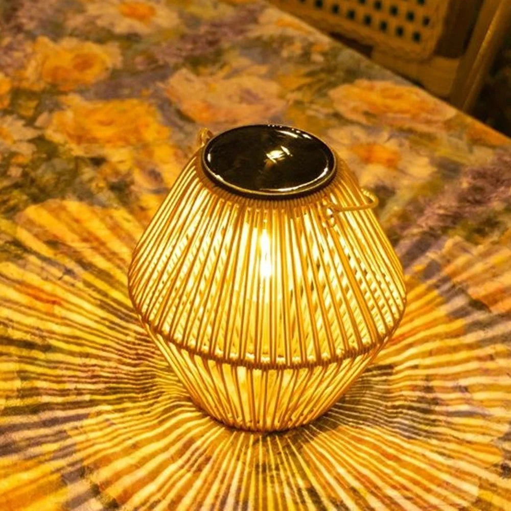 Solar Powered Wicker Lantern-Shaped Diamond Pattern Hanging Outdoor Garden Light Handcrafted Tungsten Bulb Camping Lamp - 3
