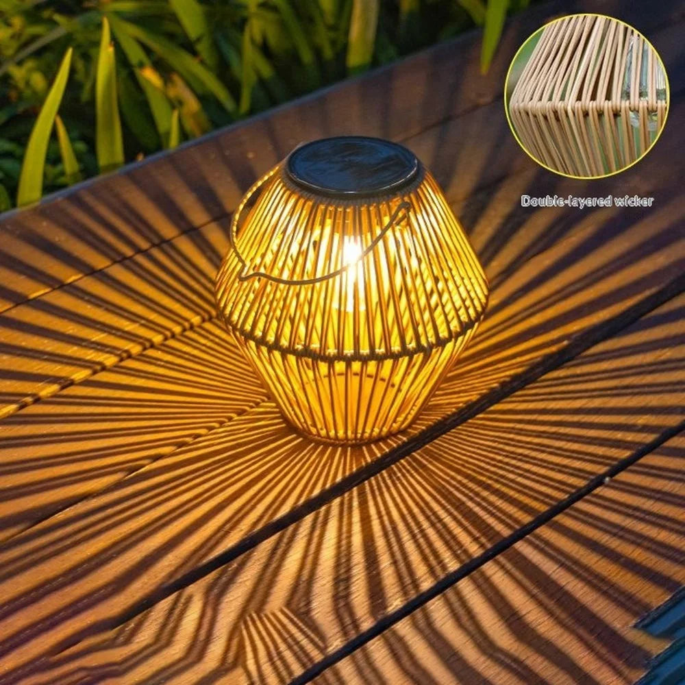 Solar Powered Wicker Lantern-Shaped Diamond Pattern Hanging Outdoor Garden Light Handcrafted Tungsten Bulb Camping Lamp - 4