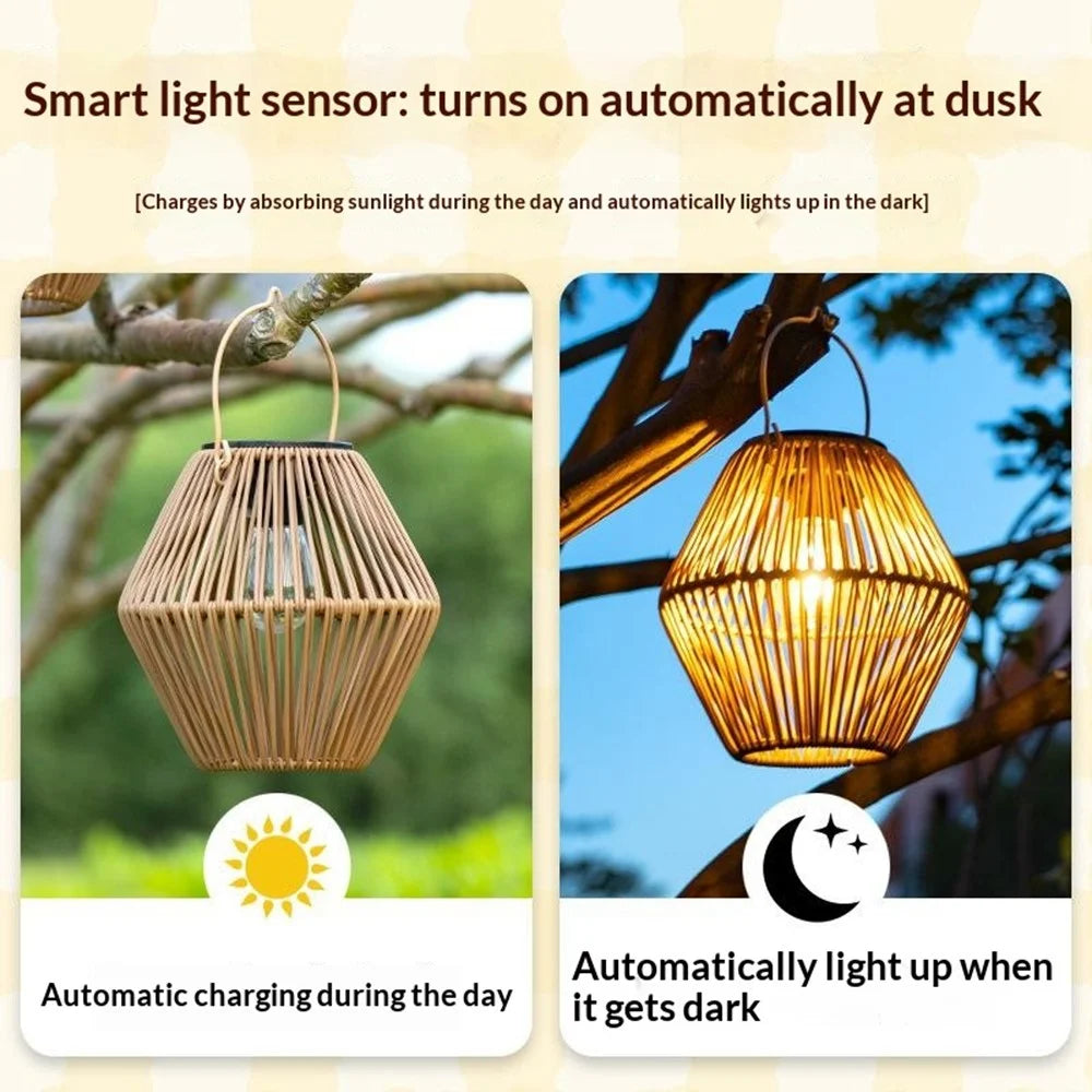 Solar Powered Wicker Lantern-Shaped Diamond Pattern Hanging Outdoor Garden Light Handcrafted Tungsten Bulb Camping Lamp - 5