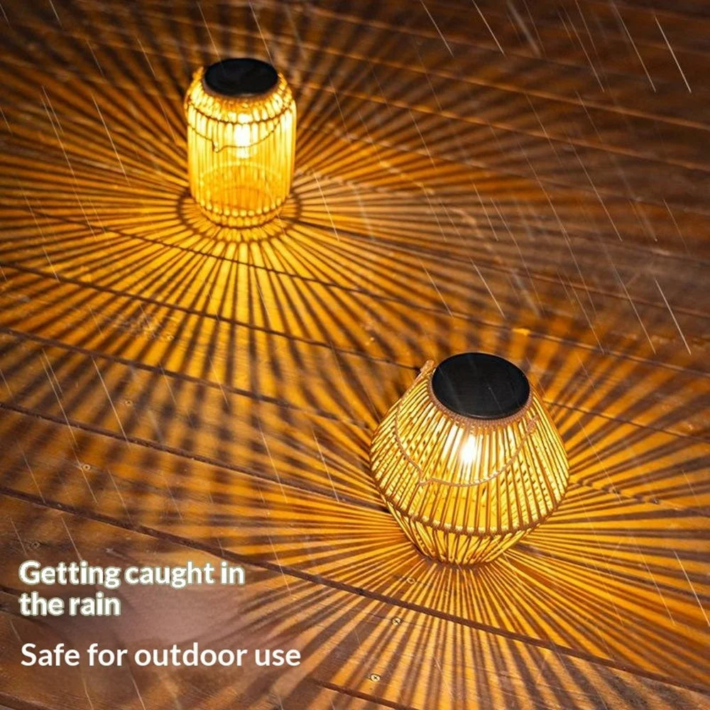 Solar Powered Wicker Lantern-Shaped Diamond Pattern Hanging Outdoor Garden Light Handcrafted Tungsten Bulb Camping Lamp - 6