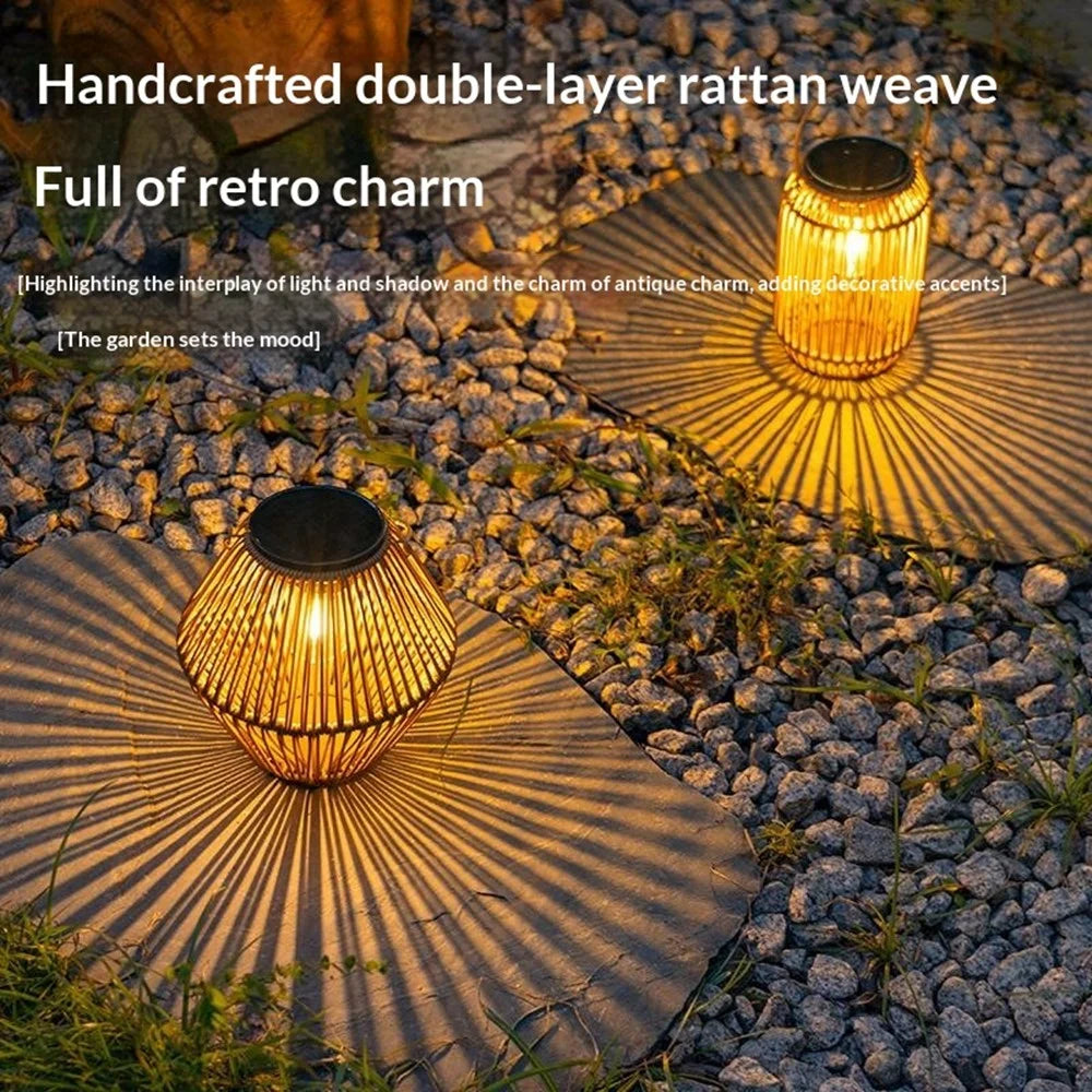 Solar Powered Wicker Lantern-Shaped Diamond Pattern Hanging Outdoor Garden Light Handcrafted Tungsten Bulb Camping Lamp - 7