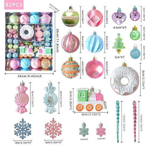 82Pcs Christmas Ornament Set Colorful Train Donut Ball Tree Decorations Hanging Baubles for Holiday - MJ-82-A7 - 1
