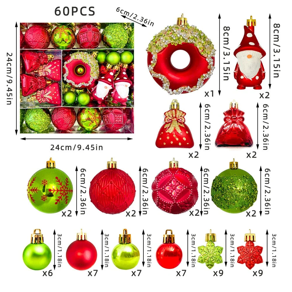 60Pcs Christmas Ball Ornaments Set Baubles Donuts Tree Decoration Multi-Size for Holiday - ASNX60-1 - 1