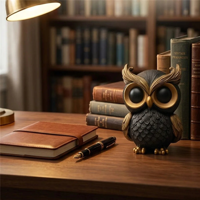 Elegant Owl Resin Ornament Feather Textured Desktop Decor for Home Office Study - Black Gold - 3