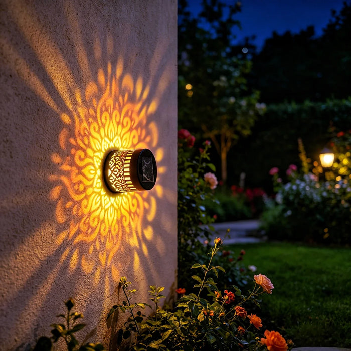 Solar Mandala Wall Light Iron Art Projection Waterproof Outdoor Garden Landscape Decor - Warm Light - 4
