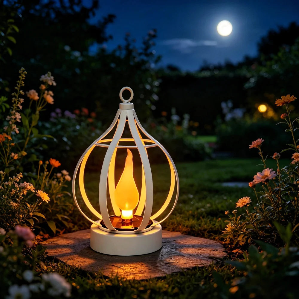 Solar Metal Flame Light IP65 Waterproof LED Outdoor Hanging Lantern for Garden Courtyard Decoration - White - 2