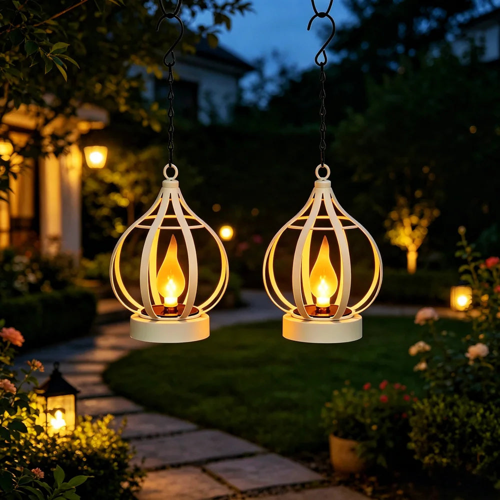 Solar Metal Flame Light IP65 Waterproof LED Outdoor Hanging Lantern for Garden Courtyard Decoration - White - 3