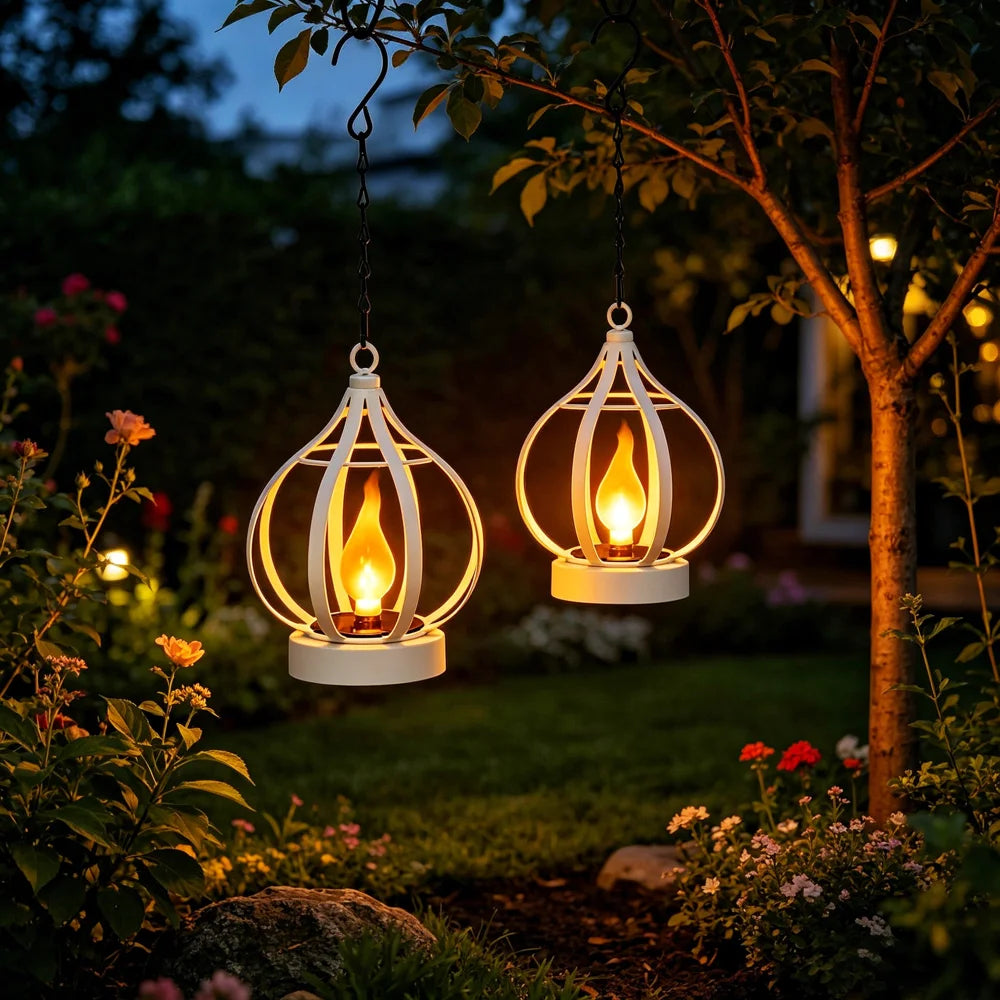 Solar Metal Flame Light IP65 Waterproof LED Outdoor Hanging Lantern for Garden Courtyard Decoration - White - 4
