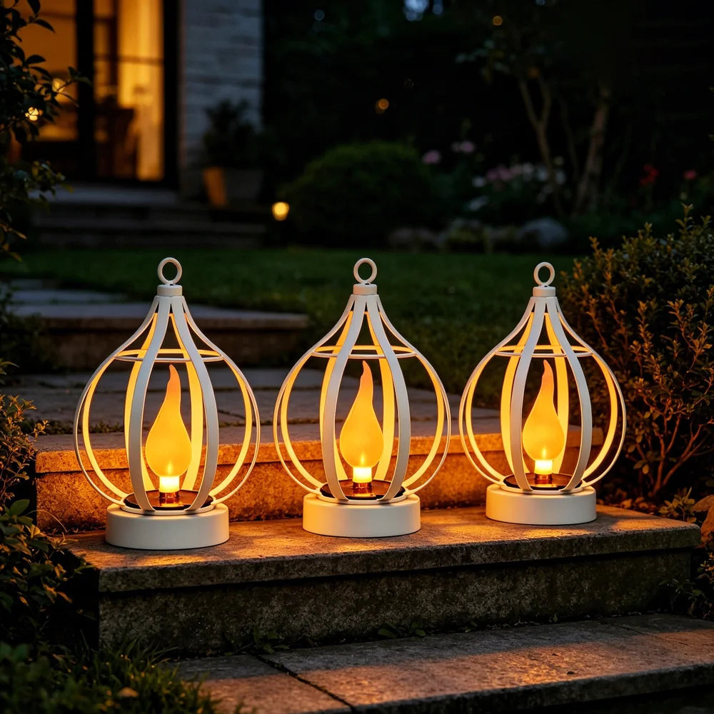 Solar Metal Flame Light IP65 Waterproof LED Outdoor Hanging Lantern for Garden Courtyard Decoration - White - 5
