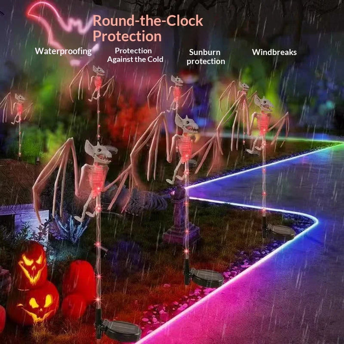 2 in 1 Bat Skeleton Halloween Ground Stake Light Solar Powered 8 Modes for Yard Garden Decoration - Orange Light - 3