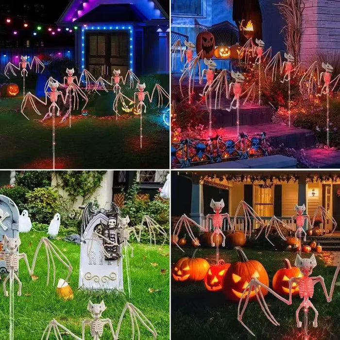 2 in 1 Bat Skeleton Halloween Ground Stake Light Solar Powered 8 Modes for Yard Garden Decoration - Orange Light - 4