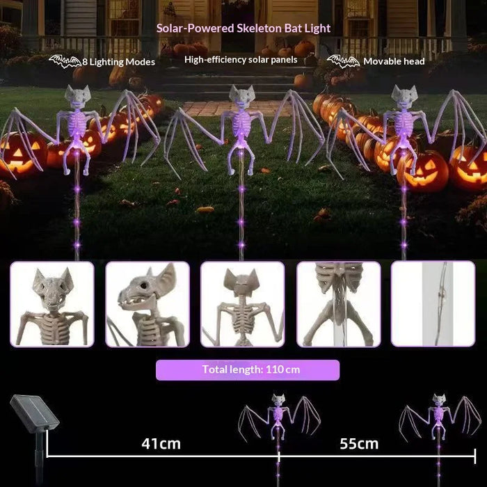 2 in 1 Bat Skeleton Halloween Ground Stake Light Solar Powered 8 Modes for Yard Garden Decoration - Orange Light - 6