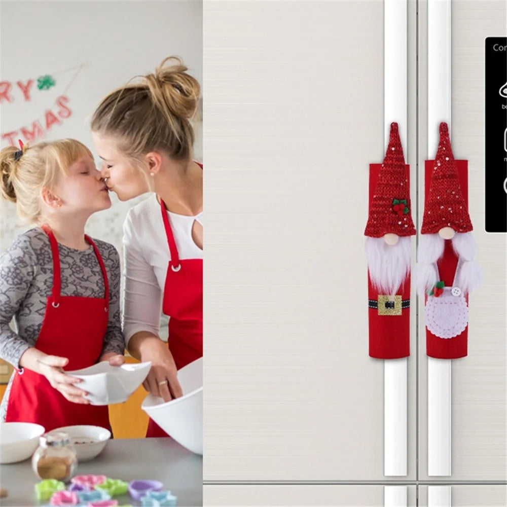 5122 2Pcs Christmas Refrigerator Door Handle Covers Xmas Santa Faceless Dwarf Doll for Fridge Handle Anti-Slip Protector Kitchen Appliance Handle Decorations - Husband+Wife - 3