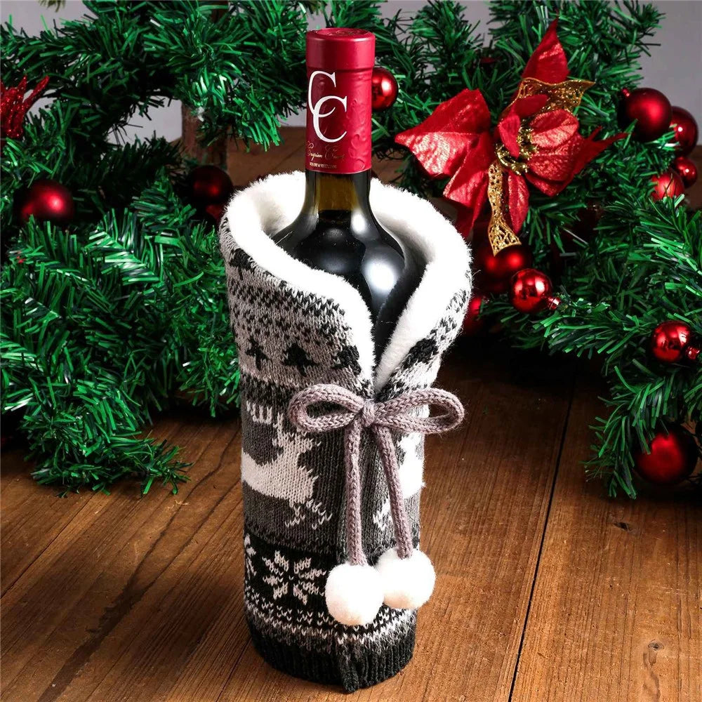 Christmas Sweater Newest Handmade Wine Bottle Knit Bottle Coat Festival Decoration - Grey - 2
