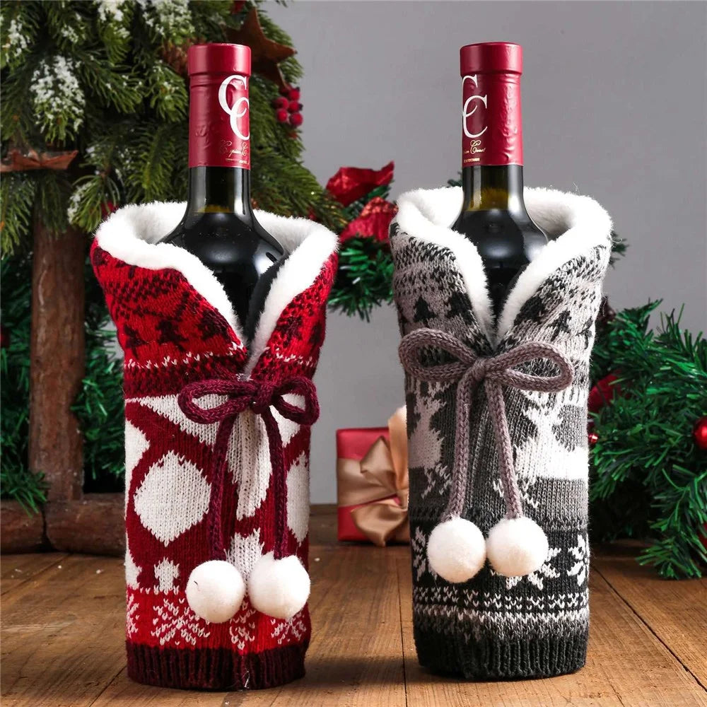 Christmas Sweater Newest Handmade Wine Bottle Knit Bottle Coat Festival Decoration - Grey - 3