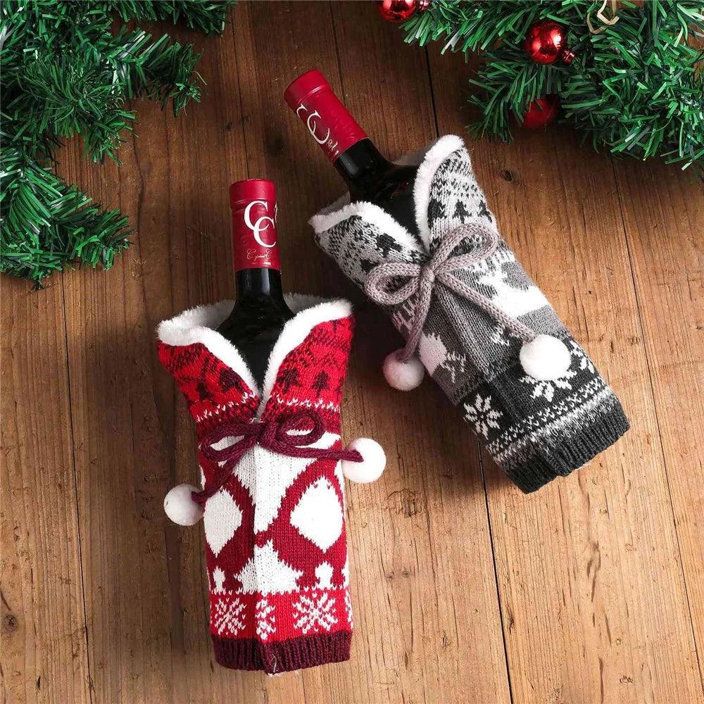 Christmas Sweater Newest Handmade Wine Bottle Knit Bottle Coat Festival Decoration - Grey - 4