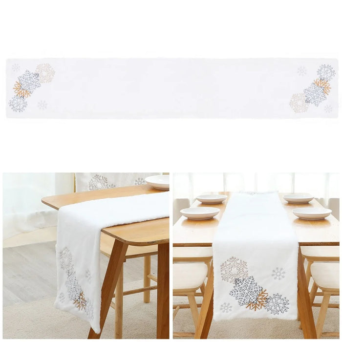 2022Sa30 182x33cm Christmas Snowflake Pattern Plush Tablecloth Washable Rectangle Table Cloth for Party Holiday Decoration - 1