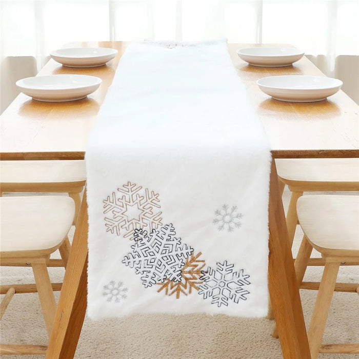 2022Sa30 182x33cm Christmas Snowflake Pattern Plush Tablecloth Washable Rectangle Table Cloth for Party Holiday Decoration - 3