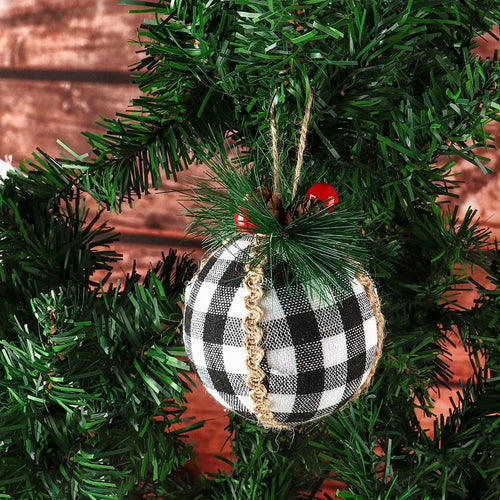 MH889 Christmas Plaid Ball Ornament Cloth Wrapped Tree Hanging Decor Xmas Holiday Farmhouse Party Decoration - White/Black - 1