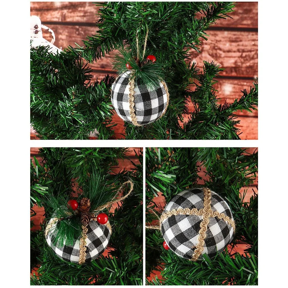MH889 Christmas Plaid Ball Ornament Cloth Wrapped Tree Hanging Decor Xmas Holiday Farmhouse Party Decoration - White/Black - 2