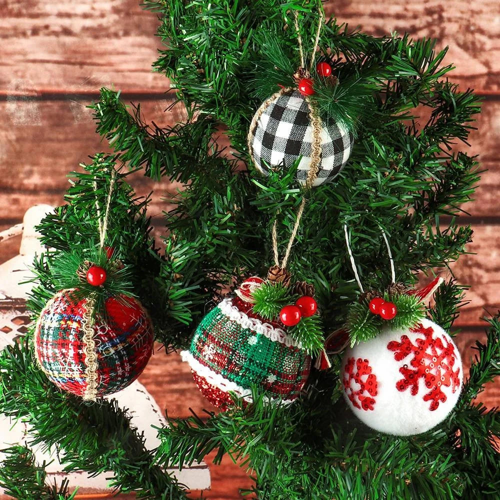 MH889 Christmas Plaid Ball Ornament Cloth Wrapped Tree Hanging Decor Xmas Holiday Farmhouse Party Decoration - White/Black - 3