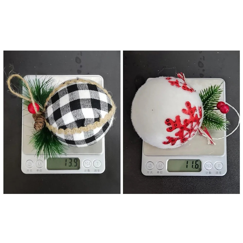 MH889 Christmas Plaid Ball Ornament Cloth Wrapped Tree Hanging Decor Xmas Holiday Farmhouse Party Decoration - White/Black - 4