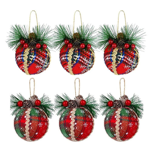 MH889 6PCS Christmas Ornament Plaid Ball Cloth Wrapped Xmas Tree Hanging Decor Holiday Party Decoration - 1