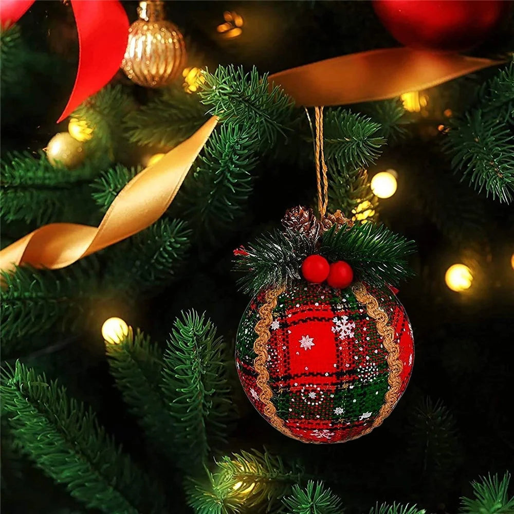 MH889 6PCS Christmas Ornament Plaid Ball Cloth Wrapped Xmas Tree Hanging Decor Holiday Party Decoration - 2