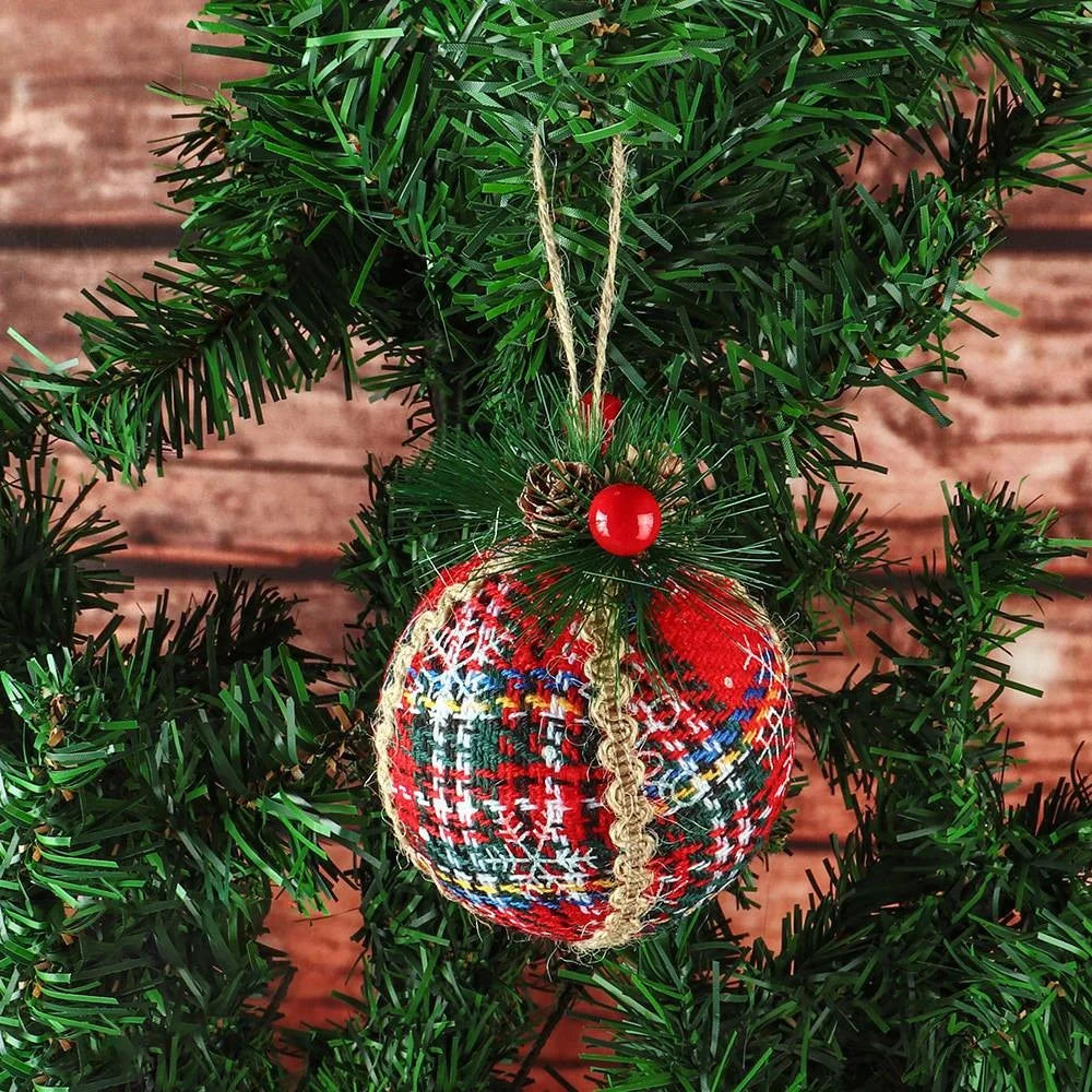 MH889 6PCS Christmas Ornament Plaid Ball Cloth Wrapped Xmas Tree Hanging Decor Holiday Party Decoration - 3