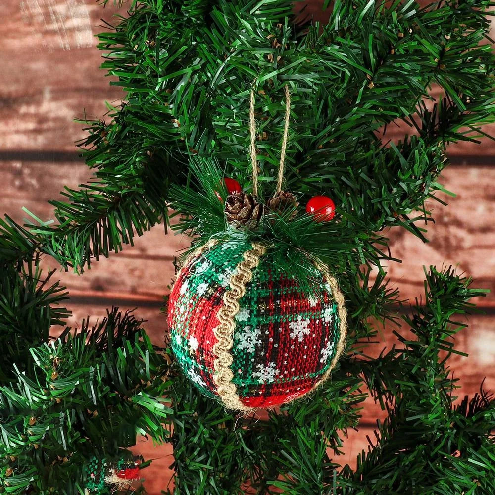 MH889 6PCS Christmas Ornament Plaid Ball Cloth Wrapped Xmas Tree Hanging Decor Holiday Party Decoration - 4