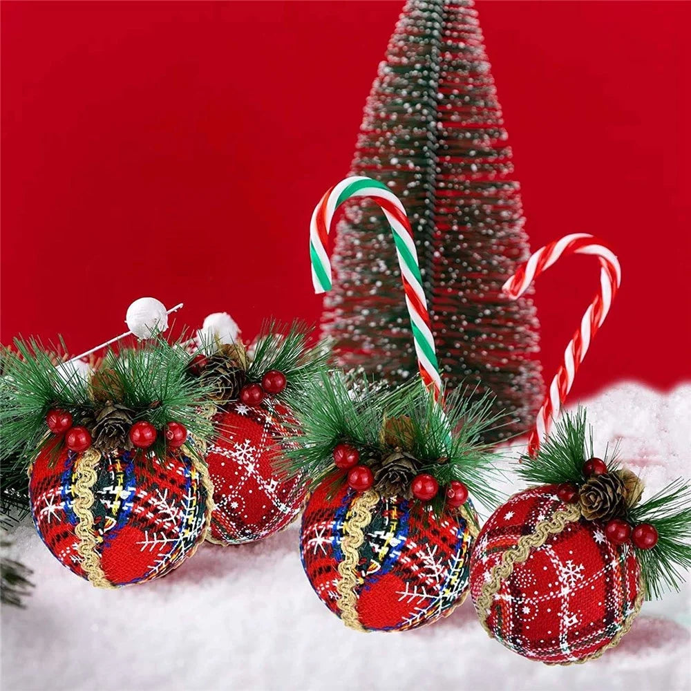 MH889 6PCS Christmas Ornament Plaid Ball Cloth Wrapped Xmas Tree Hanging Decor Holiday Party Decoration - 5
