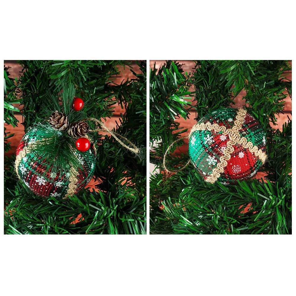 MH889 6PCS Christmas Ornament Plaid Ball Cloth Wrapped Xmas Tree Hanging Decor Holiday Party Decoration - 6