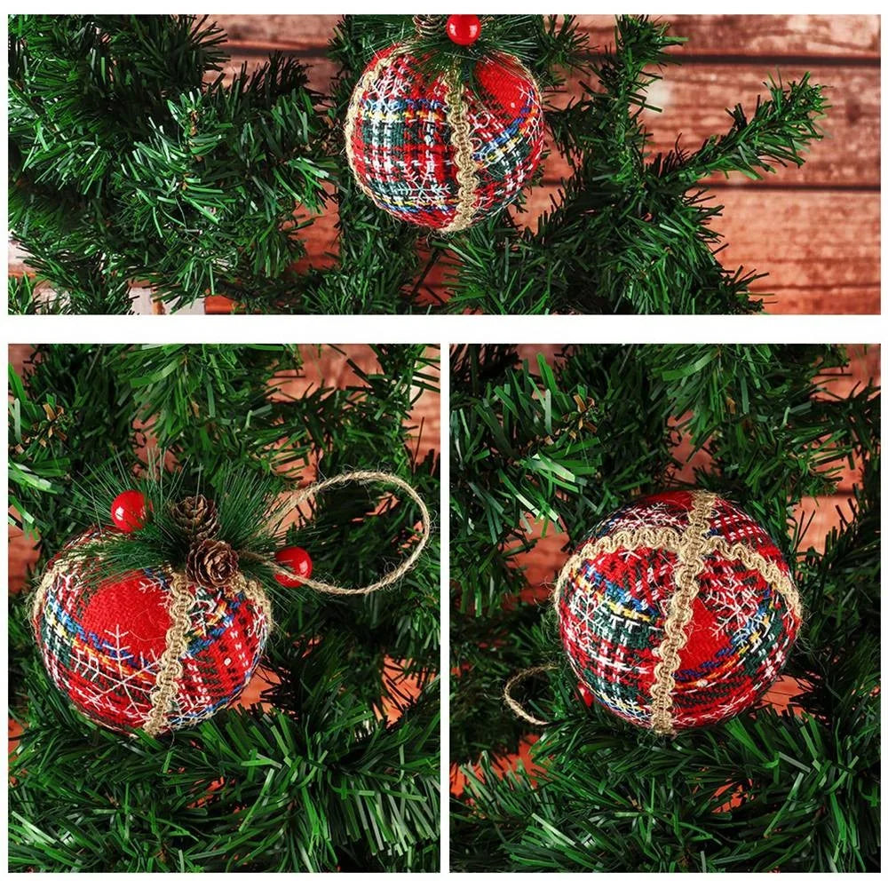MH889 6PCS Christmas Ornament Plaid Ball Cloth Wrapped Xmas Tree Hanging Decor Holiday Party Decoration - 7
