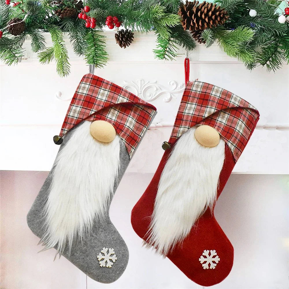 GM89717 Christmas 3D Santa Gnome Stockings Xmas Tree Hanging Socks for Home Fireplace Office - Red - 3