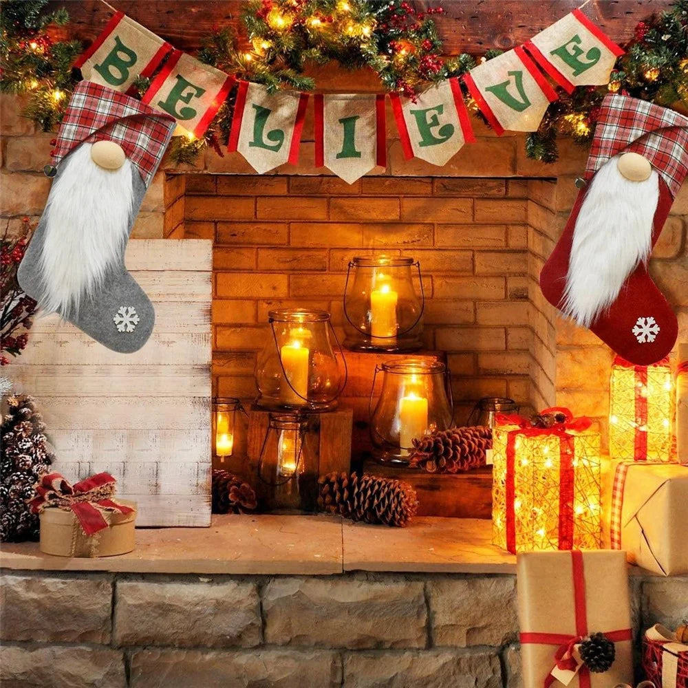 GM89717 Christmas 3D Santa Gnome Stockings Xmas Tree Hanging Socks for Home Fireplace Office - Red - 4