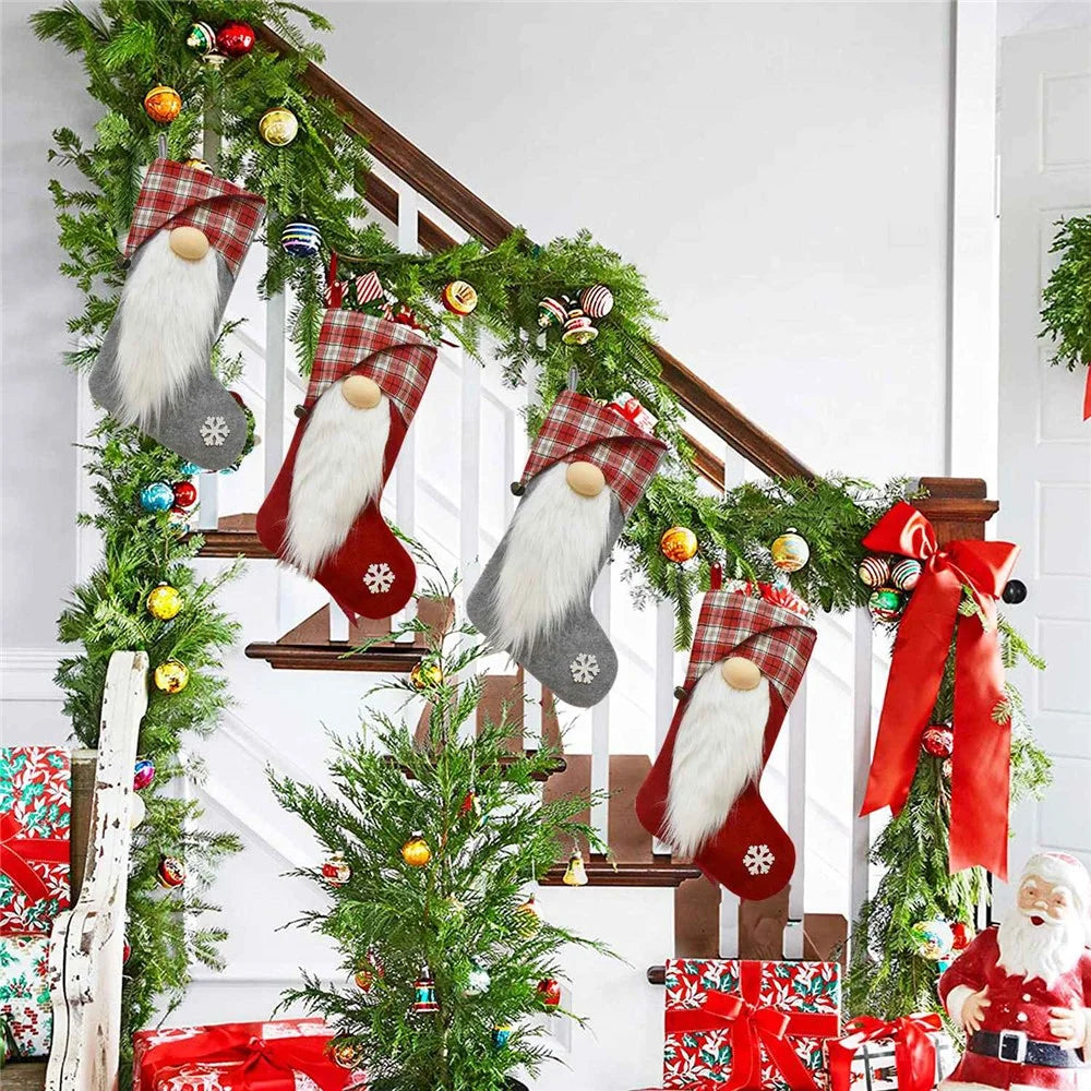 GM89717 Christmas 3D Santa Gnome Stockings Xmas Tree Hanging Socks for Home Fireplace Office - Red - 6