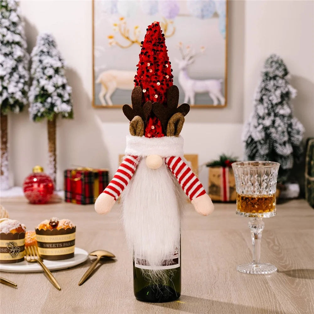 Christmas Gnome Wine Bottle Topper Cover Xmas Sequin Hat Decorations New Year Supplies - Red - 2