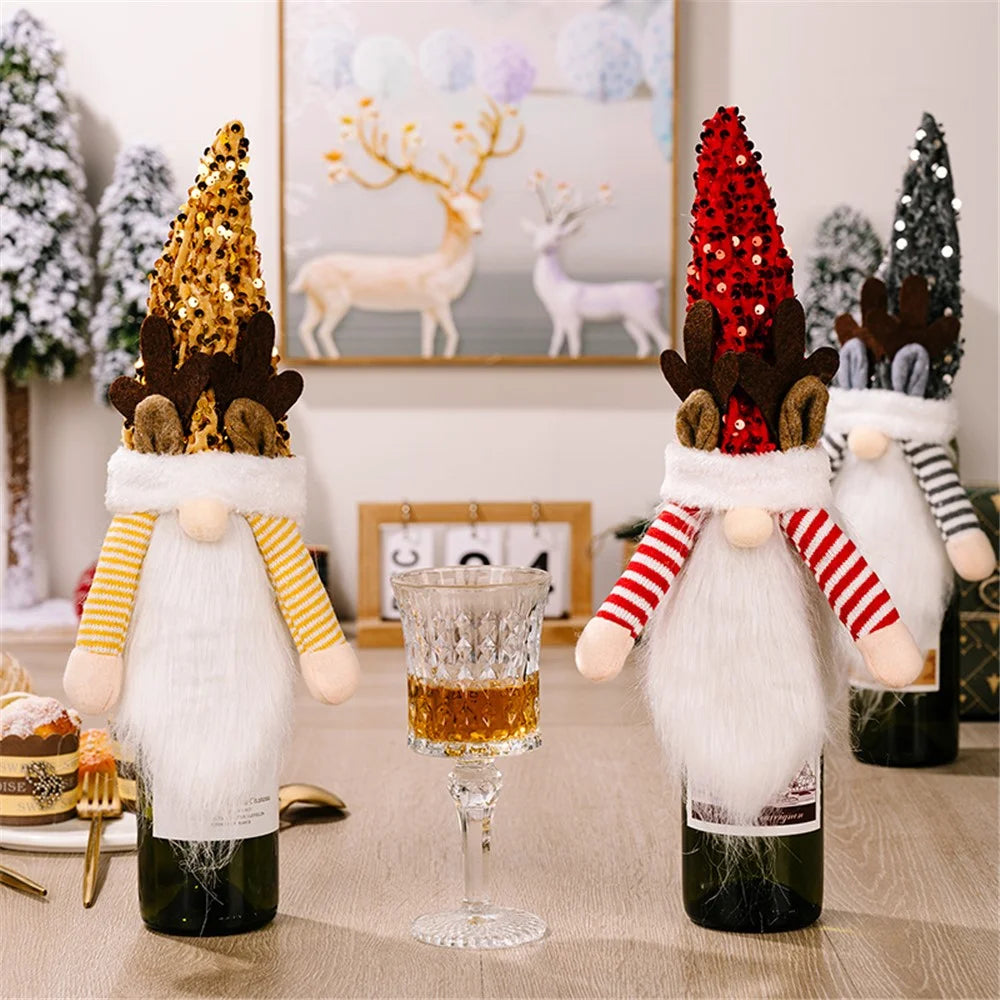 Christmas Gnome Wine Bottle Topper Cover Xmas Sequin Hat Decorations New Year Supplies - Red - 3