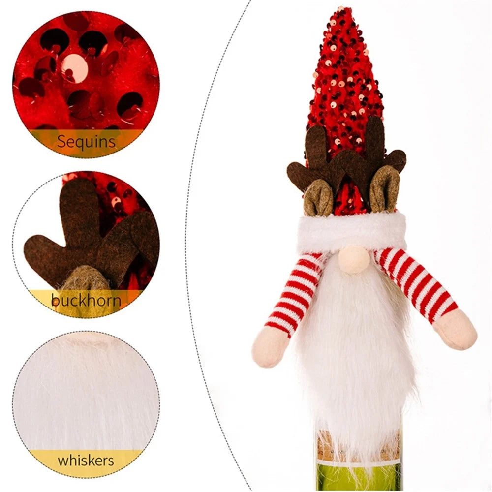 Christmas Gnome Wine Bottle Topper Cover Xmas Sequin Hat Decorations New Year Supplies - Red - 4