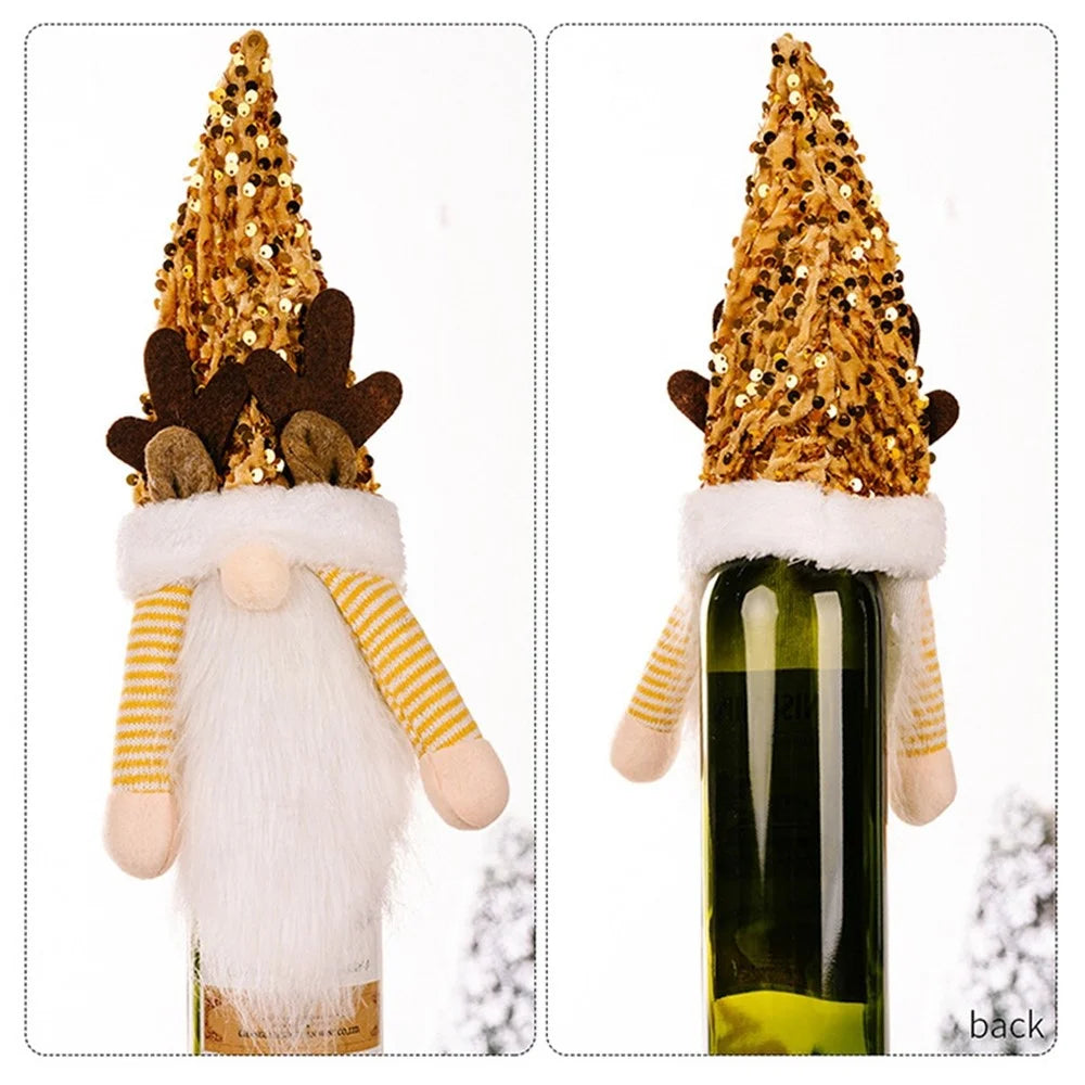 Christmas Gnome Wine Bottle Topper Cover Xmas Sequin Hat Decorations New Year Supplies - Red - 5