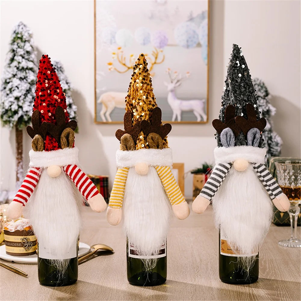 Christmas Gnome Wine Bottle Topper Cover Xmas Sequin Hat Decorations New Year Supplies - Red - 6