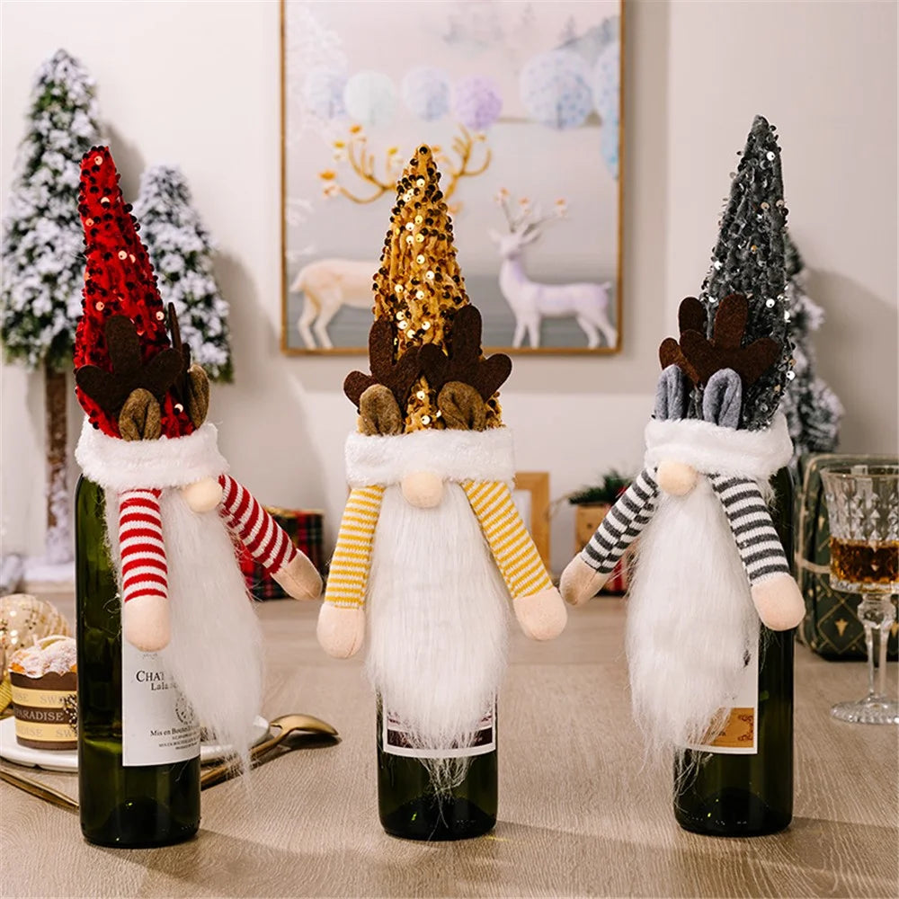Christmas Gnome Wine Bottle Topper Cover Xmas Sequin Hat Decorations New Year Supplies - Red - 7