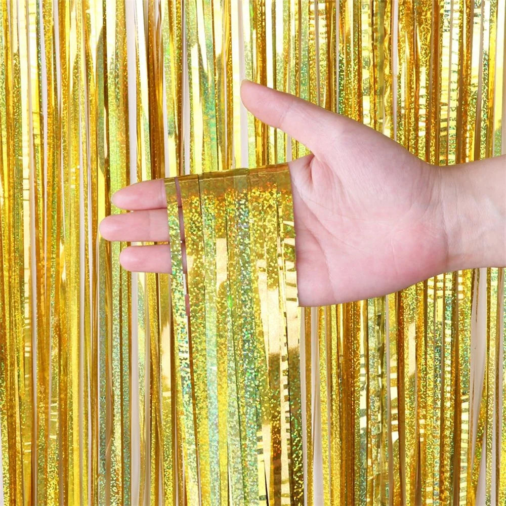1m*2m Laser Fringe Curtain Metallic Door Streamers Holidays Christmas Gift Party Decoration Photo Backdrop - Gold - 2