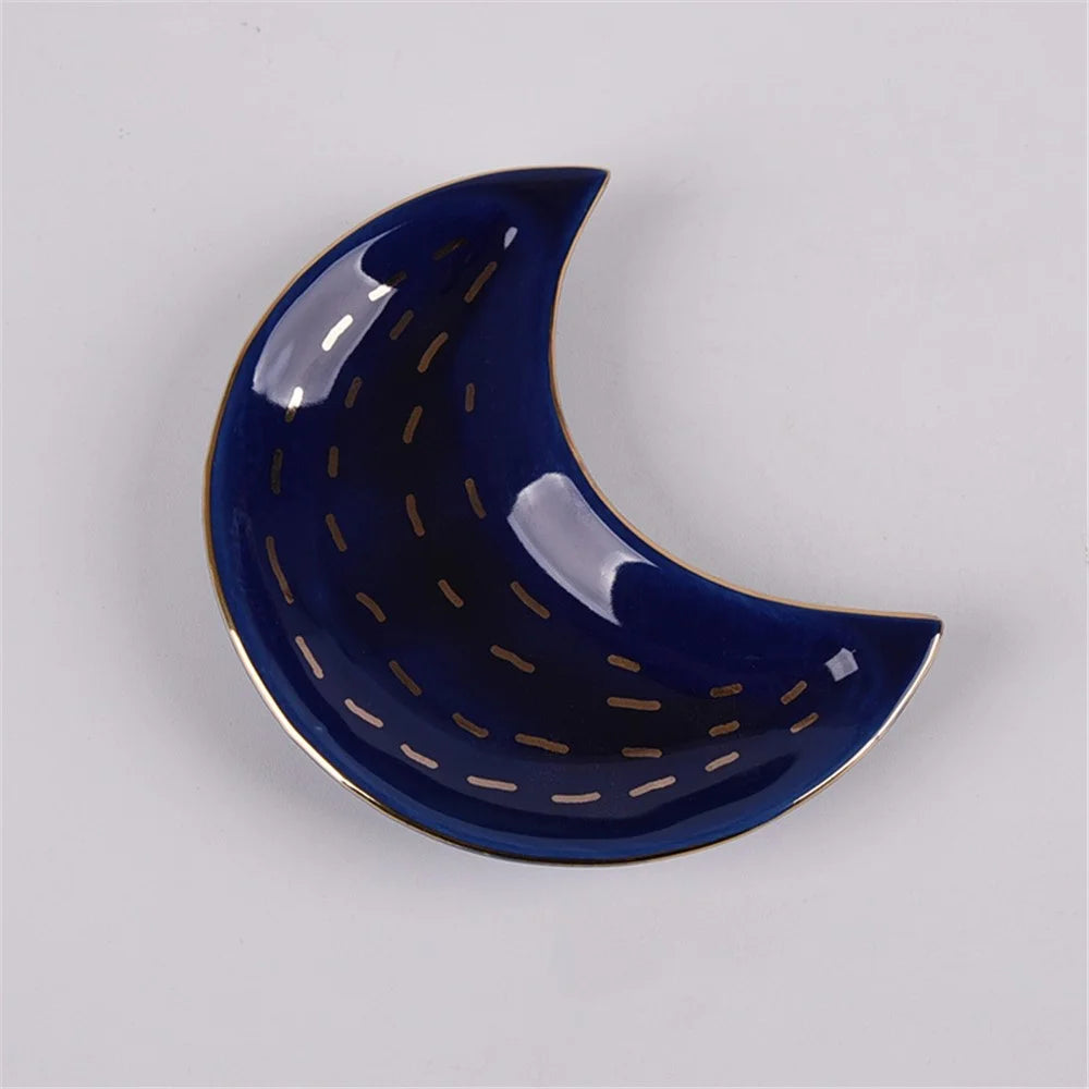 Nordic Style Ceramic Tray Moon-shaped Plate Home Decoration for Jewelry, Earring, Necklace, Dessert, Fruit - Shooting Star / Blue - 2