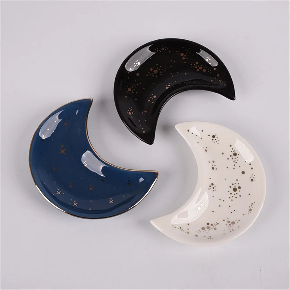 Nordic Style Ceramic Tray Moon-shaped Plate Home Decoration for Jewelry, Earring, Necklace, Dessert, Fruit - Shooting Star / Blue - 3